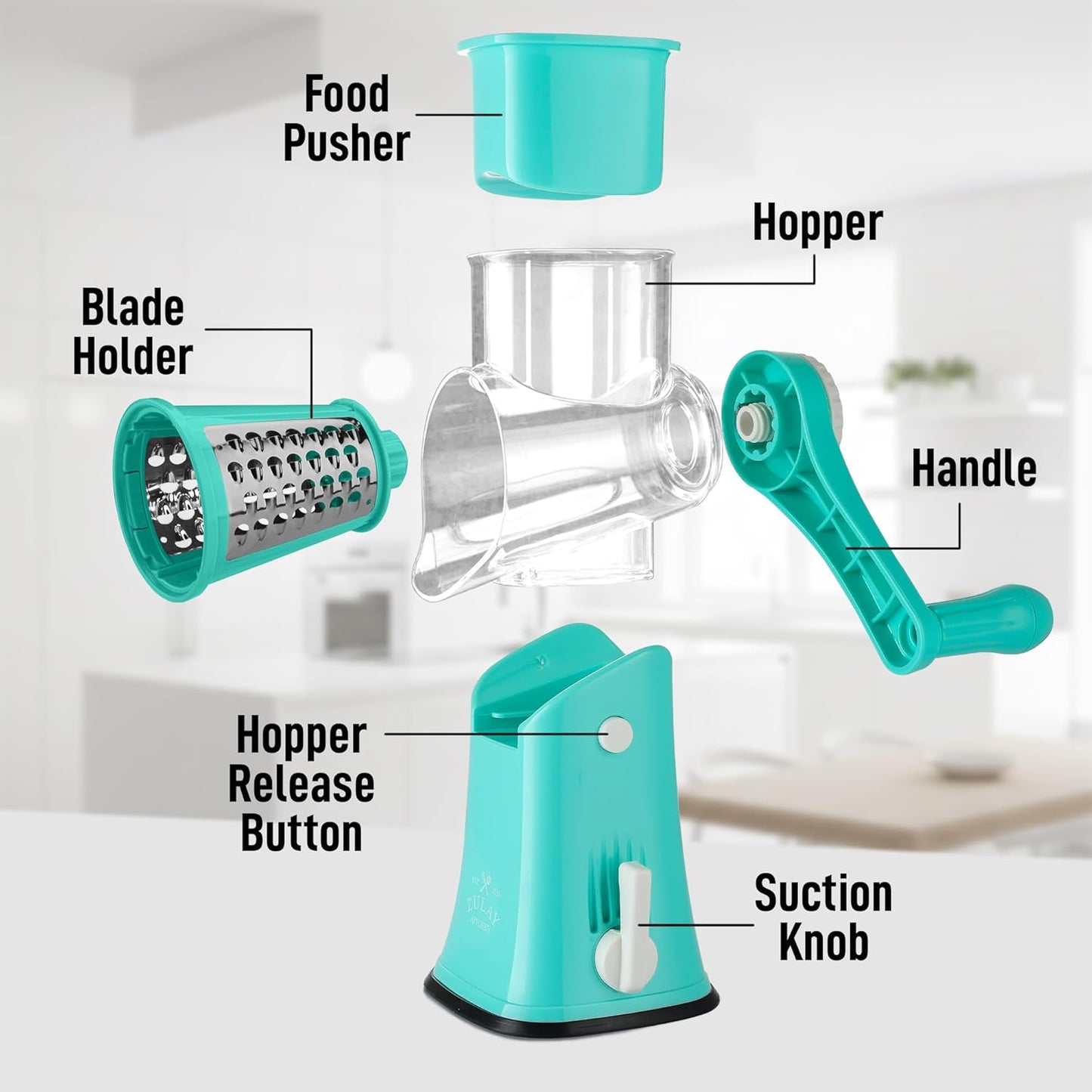 Zulay Kitchen Rotary Cheese Grater 5 Blade Cheese Shredder - Manual Hand Crank Cheese Grater With Reinforced Suction & 5 Interchangeable Drums - Easy to Use, Vegetable Chopper Round Mandoline Slicer - Colors A