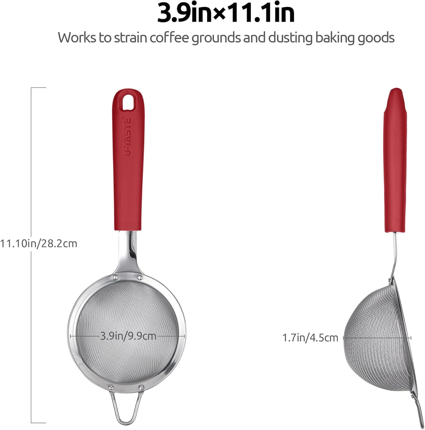 18/8 Stainless Steel Mesh Strainer: U-Taste 5.5 Inch Kitchen Fine Mesh Sieve Food Colander with Riveted Sturdy Silicone Handle and 30 Mesh Hole for Straining Flour, Pasta, Fruit, Quinoa(Aqua Sky)