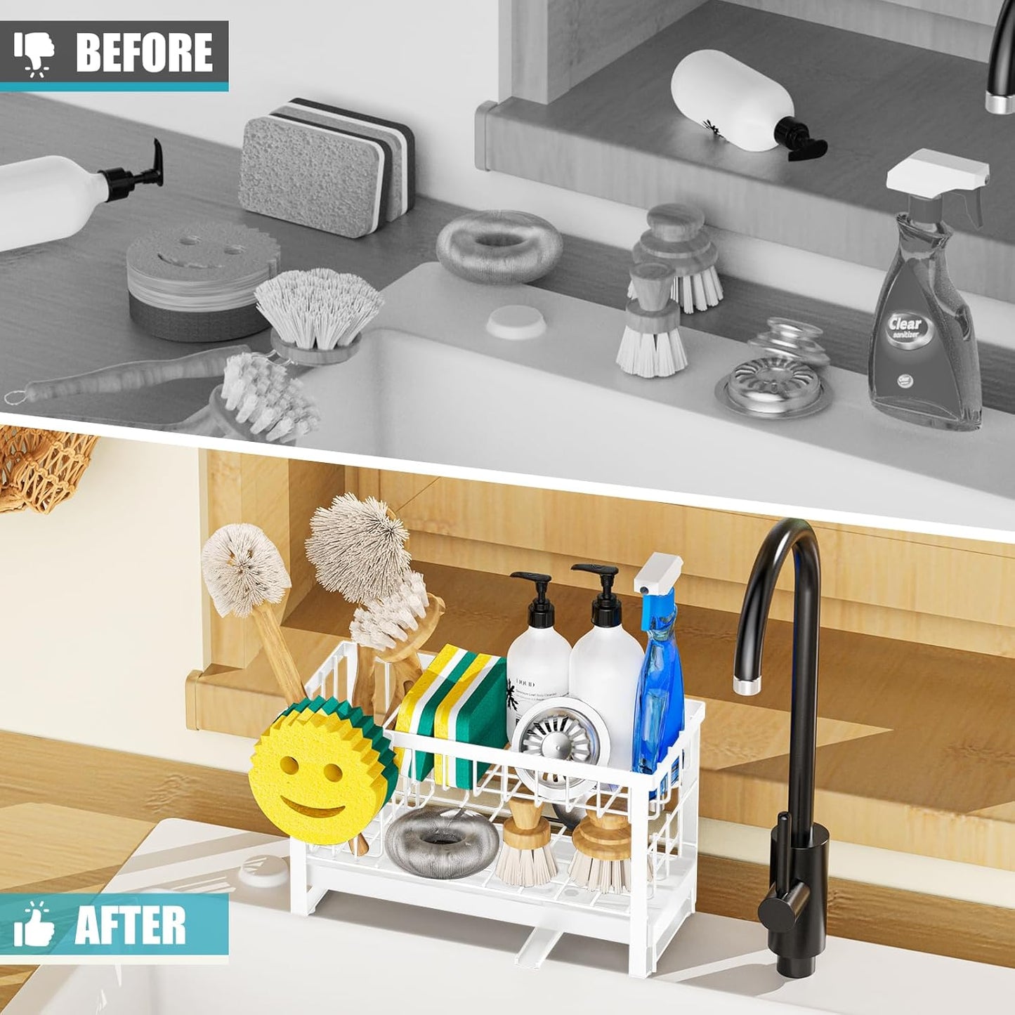 Sponge Holder for Kitchen Sink,Smiley Face Sink Caddy with Removable Brush Holder,Self-Draining Sponge Caddy for Sponge,Soap,Dish Brush,Scrubber,Kitchen Essentials and Gadgets