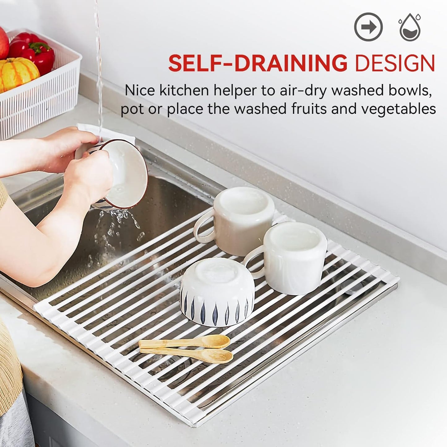 MERRYBOX Roll Up Over The Sink Dish Drying Rack Silicone Wrapped Foldable, Heat-Resistant, Anti-Slip Sink Rack Multipurpose Dish Drainer for Kitchen Sink Counter - White, 17.5" x 11"