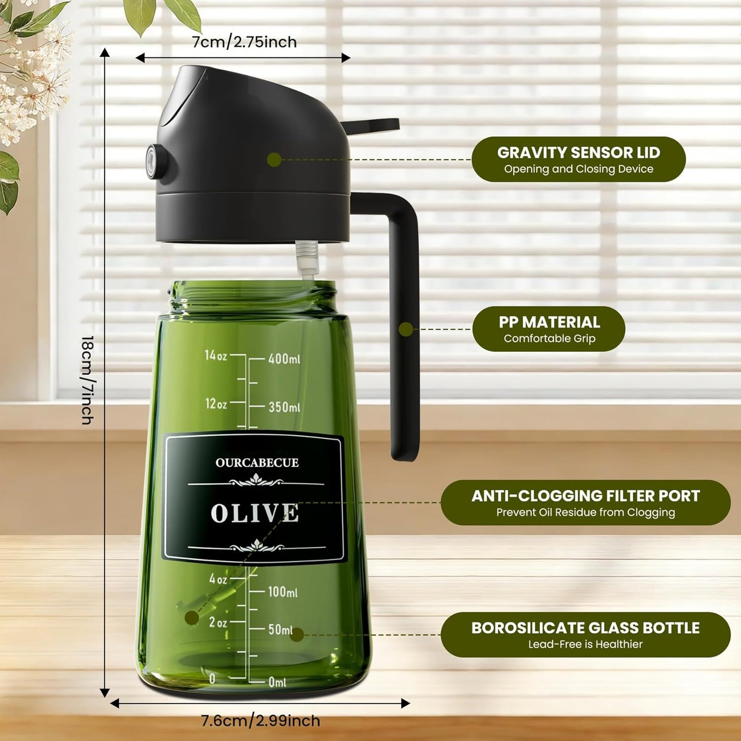 OURCABECUE 2 in 1 Olive Oil Sprayer for Cooking, 16oz/470ml Light-Blocking Dark Olive Oil Dispenser Bottle for Kitchen, Food-Grade Glass Oil Mister with 8 Oil Stickers