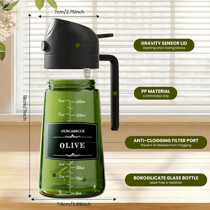 OURCABECUE 2 in 1 Olive Oil Sprayer for Cooking, 16oz/470ml Light-Blocking Dark Olive Oil Dispenser Bottle for Kitchen, Food-Grade Glass Oil Mister with 8 Oil Stickers