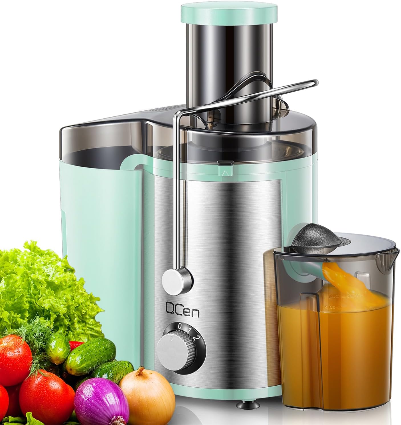 Qcen Juicer Machine, 500W Centrifugal Juicer Extractor with Wide Mouth 3” Feed Chute for Fruit Vegetable, Easy to Clean, Stainless Steel, BPA-free (Black)