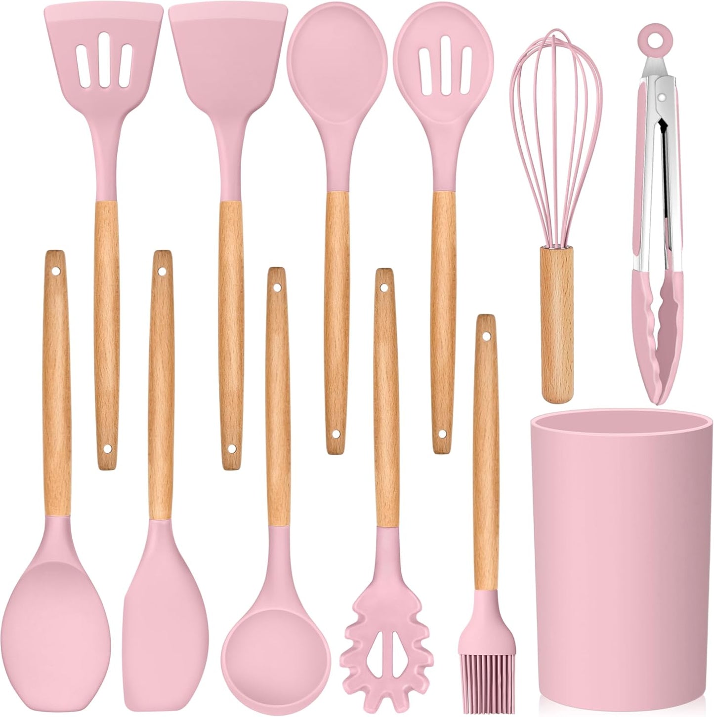 E-far Cooking Utensils Set of 6, Silicone Kitchen Utensils with Wooden Handle, Non-stick Cookware Friendly & Heat Resistant, Includes Spatula/Ladle/Slotted Turner/Serving Spoon/Spaghetti Server(Khaki)