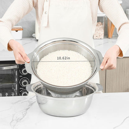 Paoli 304 Stainless Steel Fine Mesh Colander Set, 1.5QT Large Capacity Strainer with Mixing Bowl — Rinse Fruits, Veggies, Rice & Drain Pasta, Dishwasher Safe (2-Piece)