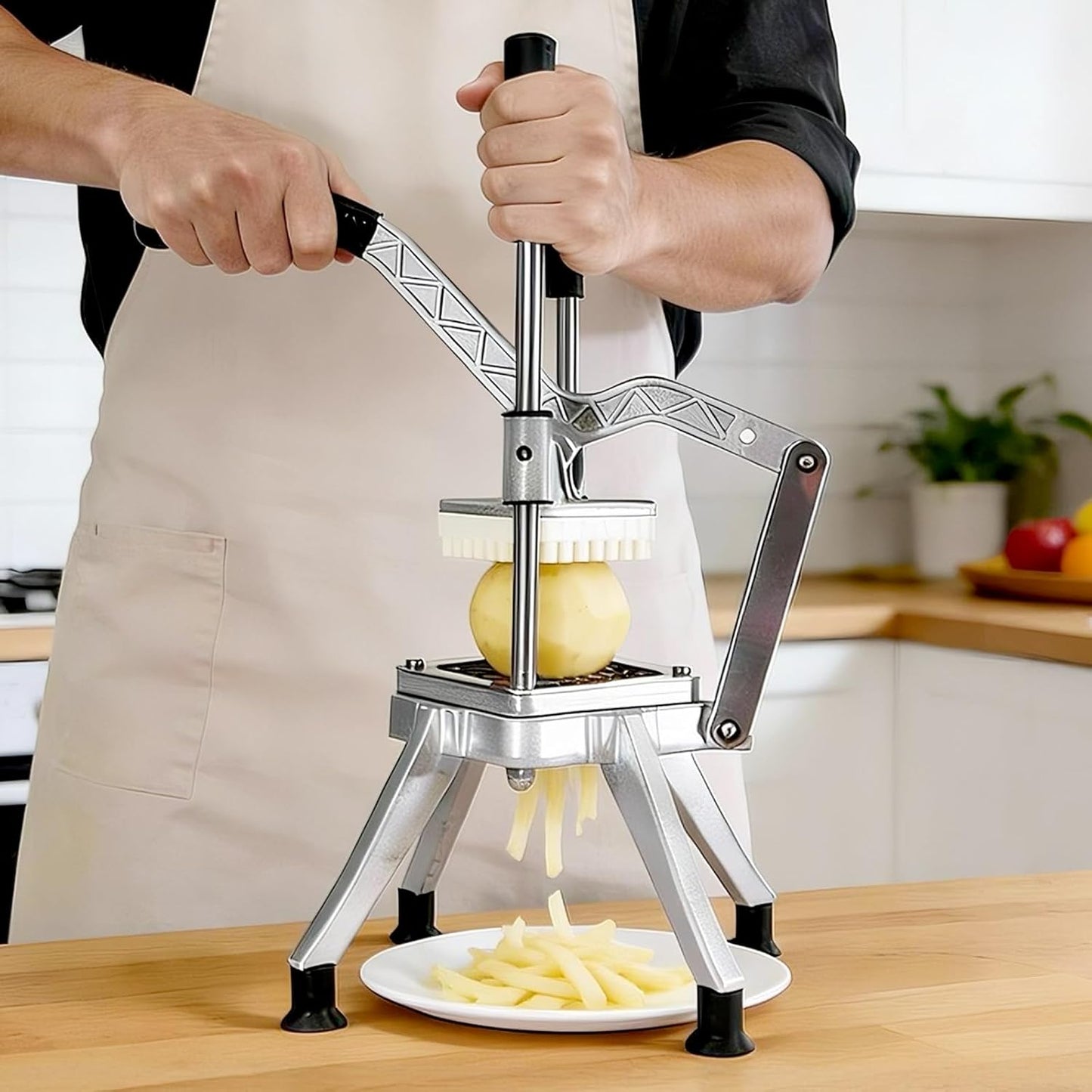 French Fry Cutter, Vegetable Chopper, Duty Fruit Dicer with 6 Blades (1/4", 3/8", 1/2" & Slicer), Manual Vegetable Cutter for Onion, Carrot, Potato, Stainless Steel & Aluminum Construction