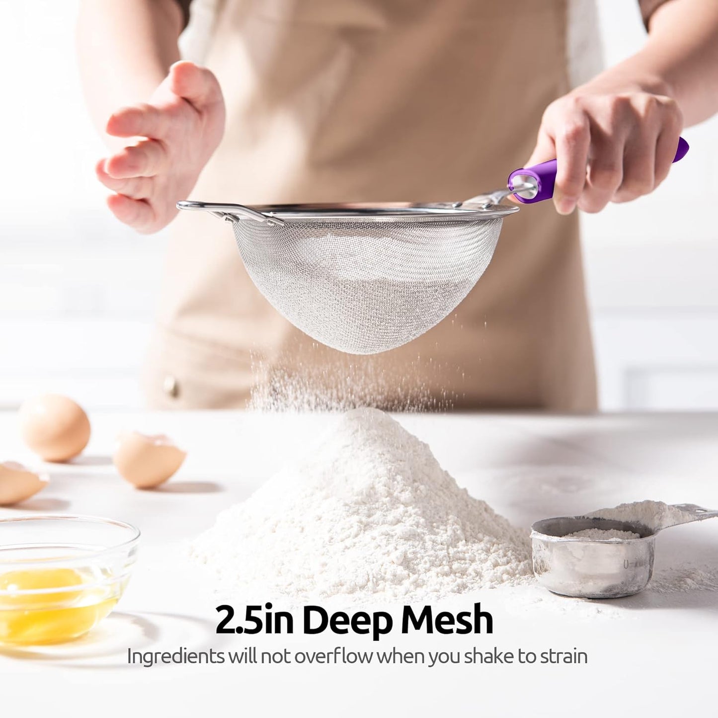 18/8 Stainless Steel Mesh Strainer: U-Taste 5.5 Inch Kitchen Fine Mesh Sieve Food Colander with Riveted Sturdy Silicone Handle and 30 Mesh Hole for Straining Flour, Pasta, Fruit, Quinoa(Aqua Sky)