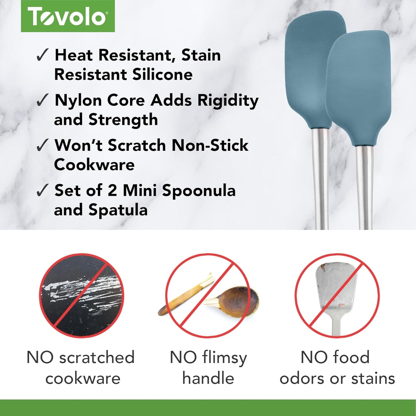 Tovolo Flex Core Silicone Spatula Spoonula Set of 2 for Non Stick Cast Iron Cooking & Baking, Dishwasher Safe Heat Resistant BPA Free Long Stainless Steel Handle Kitchen Utensil, Charcoal Gray