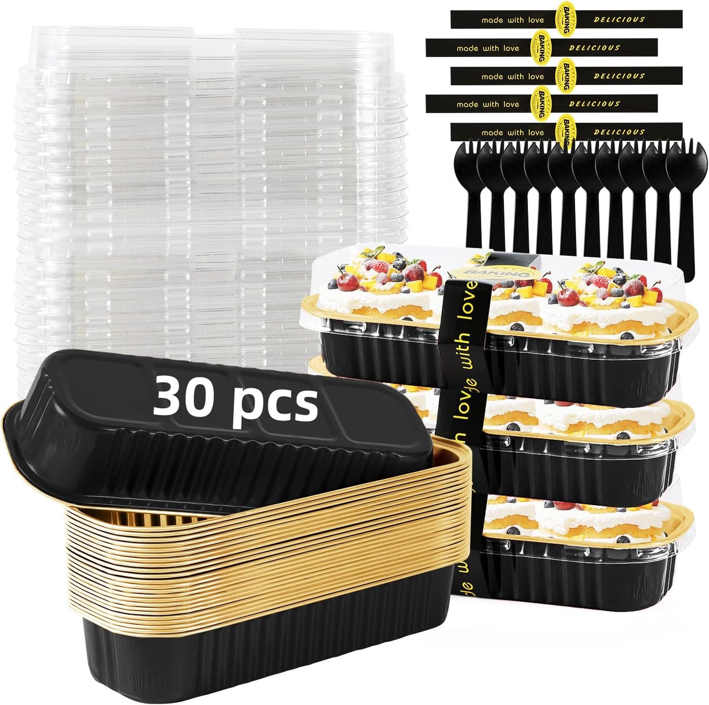 Mini Loaf Pans with Lids and Spoons Sealing Sticker,30 Pcs 6.8oz Cake Pans for Baking Disposable Aluminum Foil Christmas Cake Pan (30 PCS GOLD)