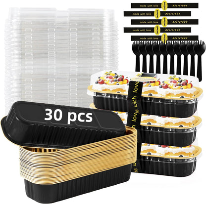 Mini Loaf Pans with Lids and Spoons Sealing Sticker,30 Pcs 6.8oz Cake Pans for Baking Disposable Aluminum Foil Christmas Cake Pan (30 PCS GOLD)