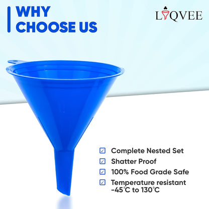 LIQVEE™ Funnel Set (4 Sizes: 122, 101, 76, 50mm) - Durable, Non-Toxic, Food-Grade Plastic funnels for Filling Bottles and containers. Ideal for Kitchen, Garage, or Labs. Perfect for Precise Pouring.