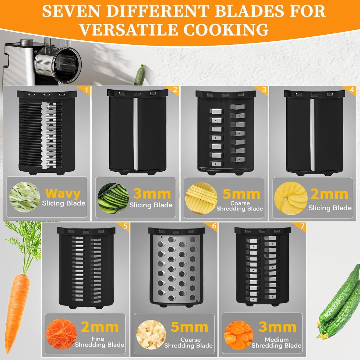 7 in 1 Electric Cheese Grater, 300W Cheese Grater for Block Cheese with 14 Blades, Y Peeler and Brush, Kitchen Automatic Cheese Shredder Electric for Vegetables, Fruits, and Salad