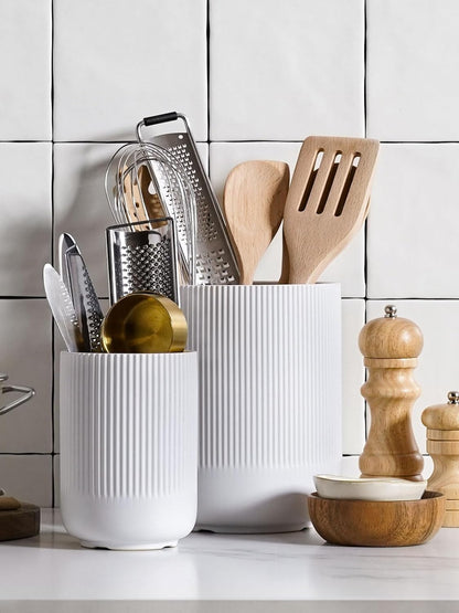 LE TAUCI Utensil Holder for Kitchen Counter, 7.3"+5.4" Fluted Ceramic Utensil Crock Organizer for Countertop, Heavy Large Holder for Spatulas, Spoons, Set of 2, White, Kitchen Counter Decor