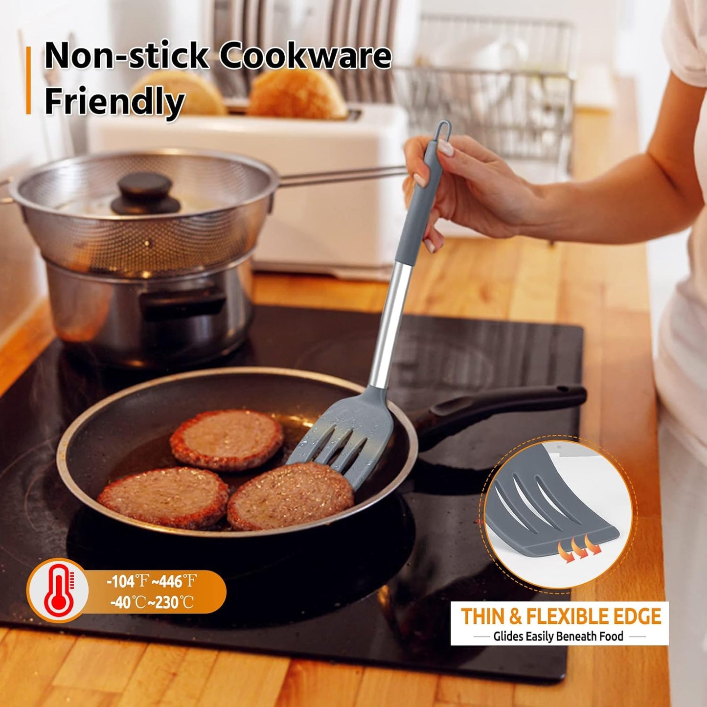 E-far Cooking Utensils Set of 4, Silicone Kitchen Utensils for Non-stick Cookware, Heat Resistant & Non-toxic Slotted Spatula Solid Spoon Turner for Flipping Mixing Serving Basting(Black)