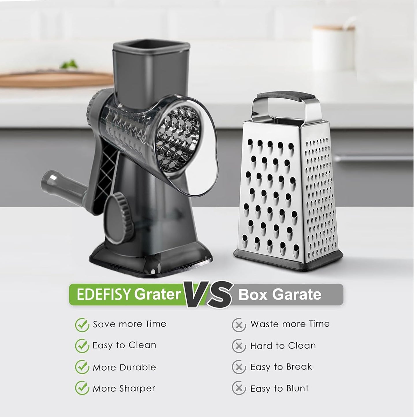 Cheese Grater Hand Crank Rotary Vegetables Shredder with Handle, 3-in-1 Graters with Interchangeable Blades and Non-slip Base Multifunctional Slicer for Kitchen