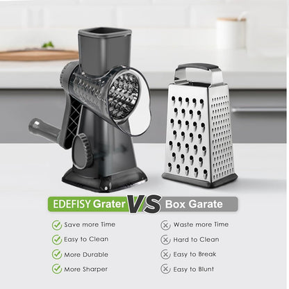 Cheese Grater Hand Crank Rotary Vegetables Shredder with Handle, 3-in-1 Graters with Interchangeable Blades and Non-slip Base Multifunctional Slicer for Kitchen