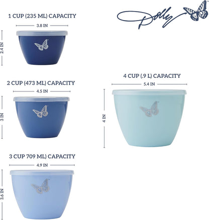Dolly Parton Prep Bowl Set with Lids, 4 Piece Blue Butterfly Design, Airtight Storage, Mixing and Serving Bowls, Dishwasher Safe, 1 Through 4 Cup Sizes