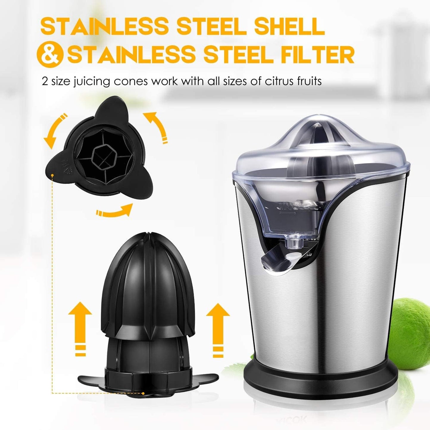 Aiheal Orange Juicer Machine Electric Citrus Juicer with Two Interchangeable Cones Suitable for All Size of Citrus Fruits, Anti-drip Spout and Ultra Quiet Motor, BPA Free, Brushed Stainless Steel