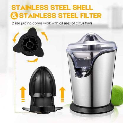 Aiheal Orange Juicer Machine Electric Citrus Juicer with Two Interchangeable Cones Suitable for All Size of Citrus Fruits, Anti-drip Spout and Ultra Quiet Motor, BPA Free, Brushed Stainless Steel
