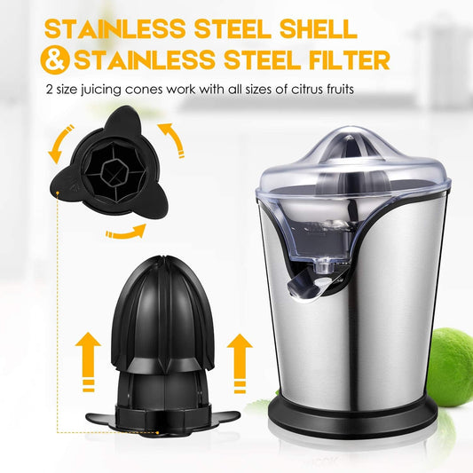Aiheal Orange Juicer Machine Electric Citrus Juicer with Two Interchangeable Cones Suitable for All Size of Citrus Fruits, Anti-drip Spout and Ultra Quiet Motor, BPA Free, Brushed Stainless Steel