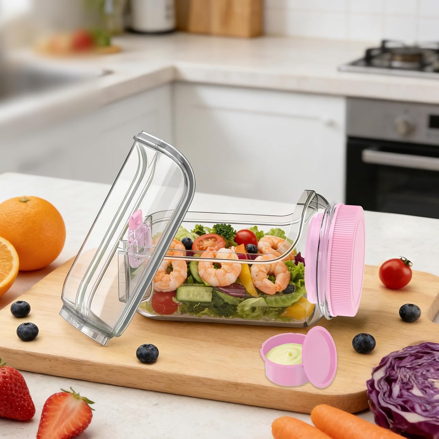 FNHMSL Side-Opening Mason Salad Jar, Portable (35 oZ) 1000ml Salad Container with Leakproof Dressing Cup, Includes Spoon and Cleaning Brush, Perfect for Meal Prep, Gym, Office, Picnic and Travel