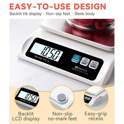 BOMATA 0.1g/ 13lb Food Scale, Digital Kitchen Scale with Removable Stainless Steel Pan, Backlit LCD Display, for Cooking, Baking B621 Grey