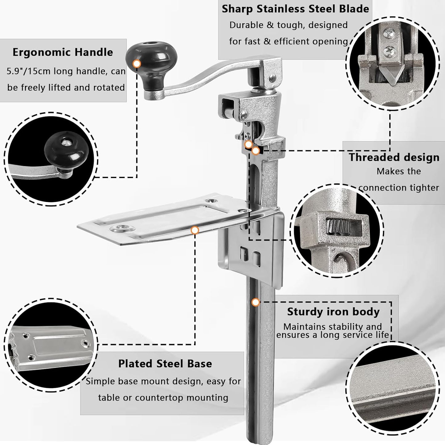 Commercial Heavy Duty Can Opener- Adjustable Manual Opener with 2 Blades & Plated Steel Base, Fits Cans Up to 10" Tall for Restaurant, Hotel, Food Store