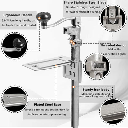 Commercial Heavy Duty Can Opener- Adjustable Manual Opener with 2 Blades & Plated Steel Base, Fits Cans Up to 10" Tall for Restaurant, Hotel, Food Store