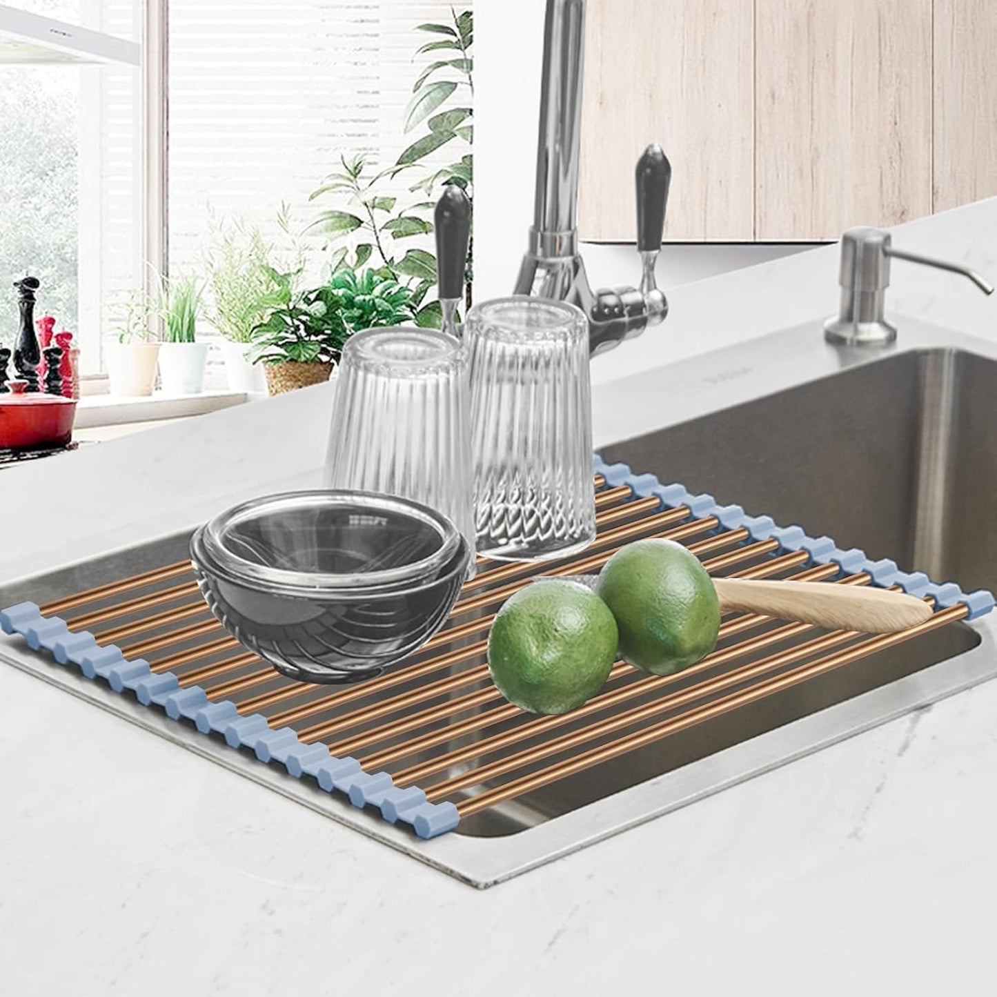 Seropy Roll Up Dish Drying Rack Over The Sink for Kitchen Sink Drying Rack Folding Dish Drainer Mat Rolling Dish Rack Sink Rack Stainless Steel Kitchen Dry Rack Black 17.5x15.7 Inch