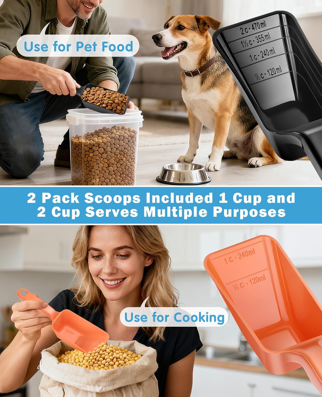 2-Pack Dog Food Scoop Set,1 Cup and 2 Cup Plastic Pet Food Measuring Scoops with Clear Measurement Lines,Multi-Purpose Pet Food Scooper for Dogs, Cats (Green and Black)