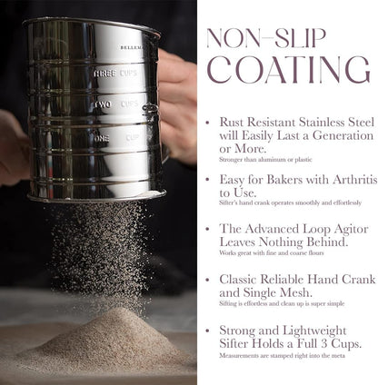 Bellemain 3 Cup Flour Sifter for Baking Fine Mesh Rotary Hand Crank with Loop Agitator for Quick Sifting, Flour Sifter Stainlees Steel