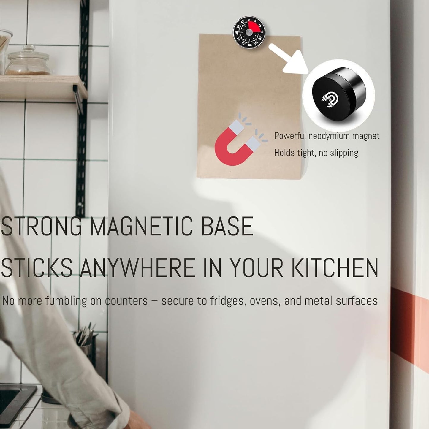 Kitchen Magnetic Visual Cooking Mechanical Timer with Loud Alarm, No Batteries Required, Stainless Steel, Countdown 60 Minute Wind Up Timer for Study, Chef, Teacher, Office (White)