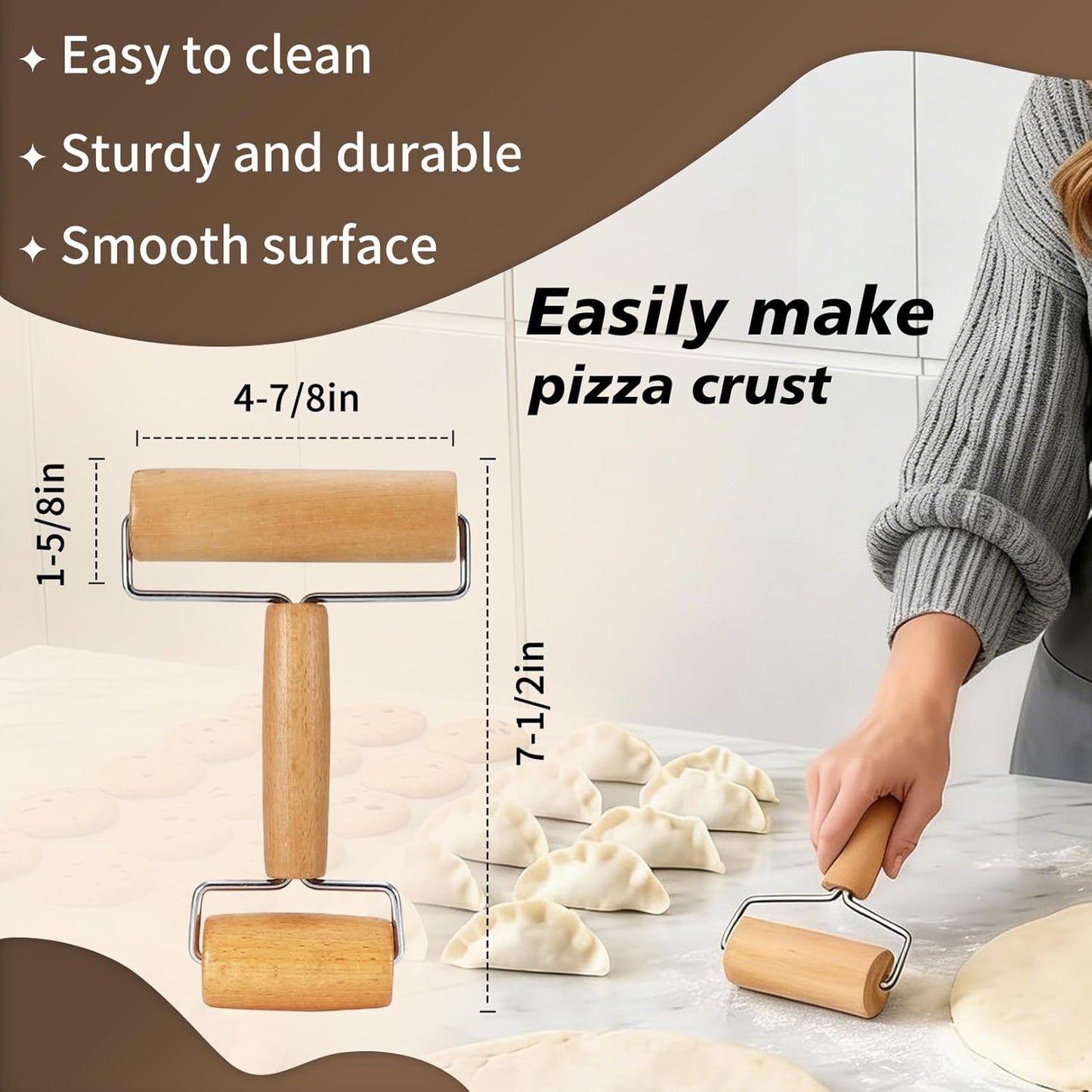 Pizza Rolling Pin Small Rolling Pin Wooden Dough Roller Non Stick Pizza Dough Roller for Baking Pastry Tortilla Cookie Dumpling Rolling Pins for Baking (T+H-Style)