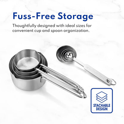 New Star Foodservice 42917 Stainless Steel Measuring Cups and Spoons Set, 8-Piece Metal Measuring Set for Baking, Cooking, Dry and Liquid Ingredients, Restaurant Grade, Silver
