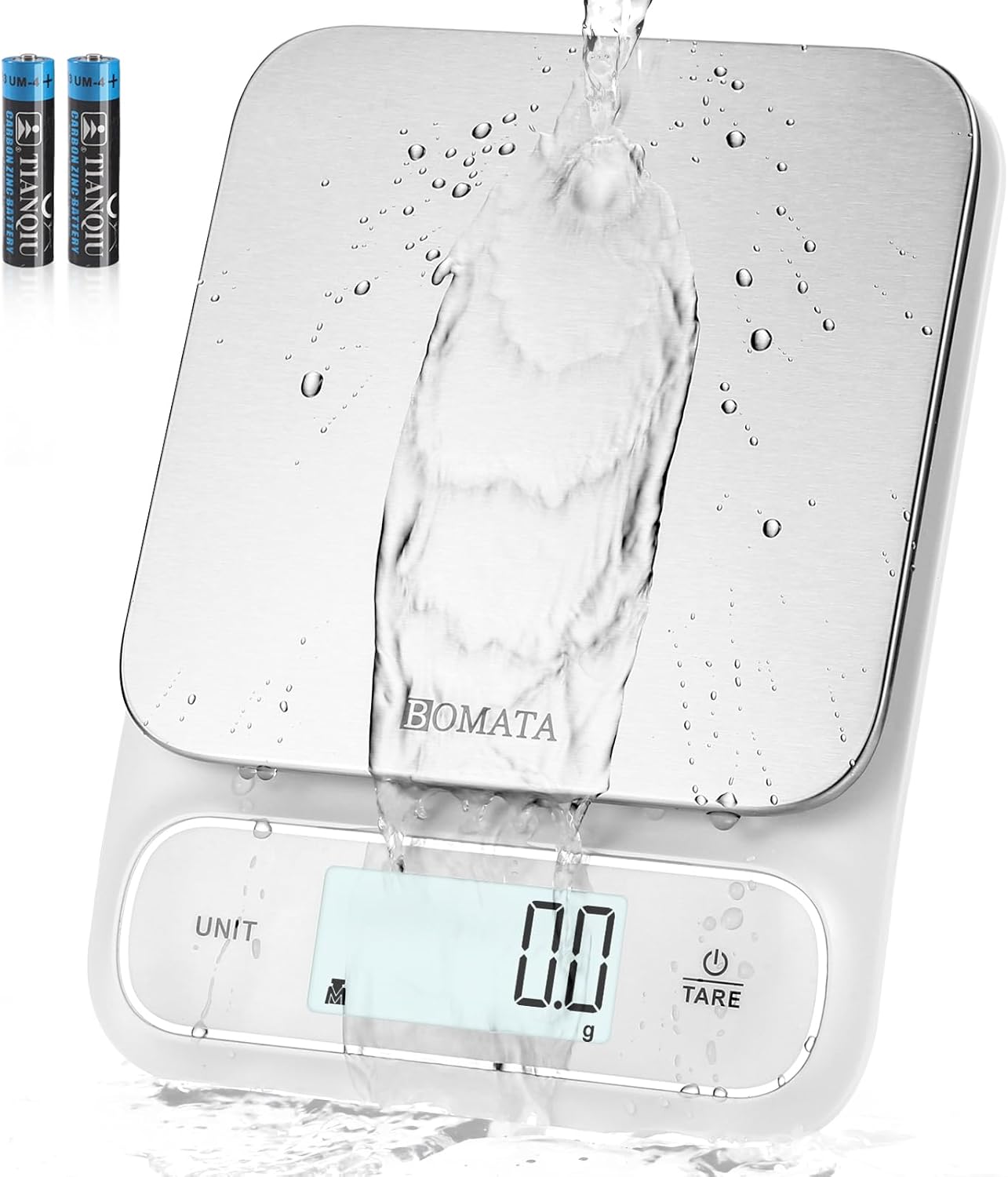 BOMATA Waterproof IPX6 Kitchen Scale, 0.1 g/0.01 oz High Precision, 5 kg/11 lbs, Digital Scale with Backlight, Stainless Steel Weighing Platform, for Food, Cooking, Baking, Weight Loss.. B619, Grey