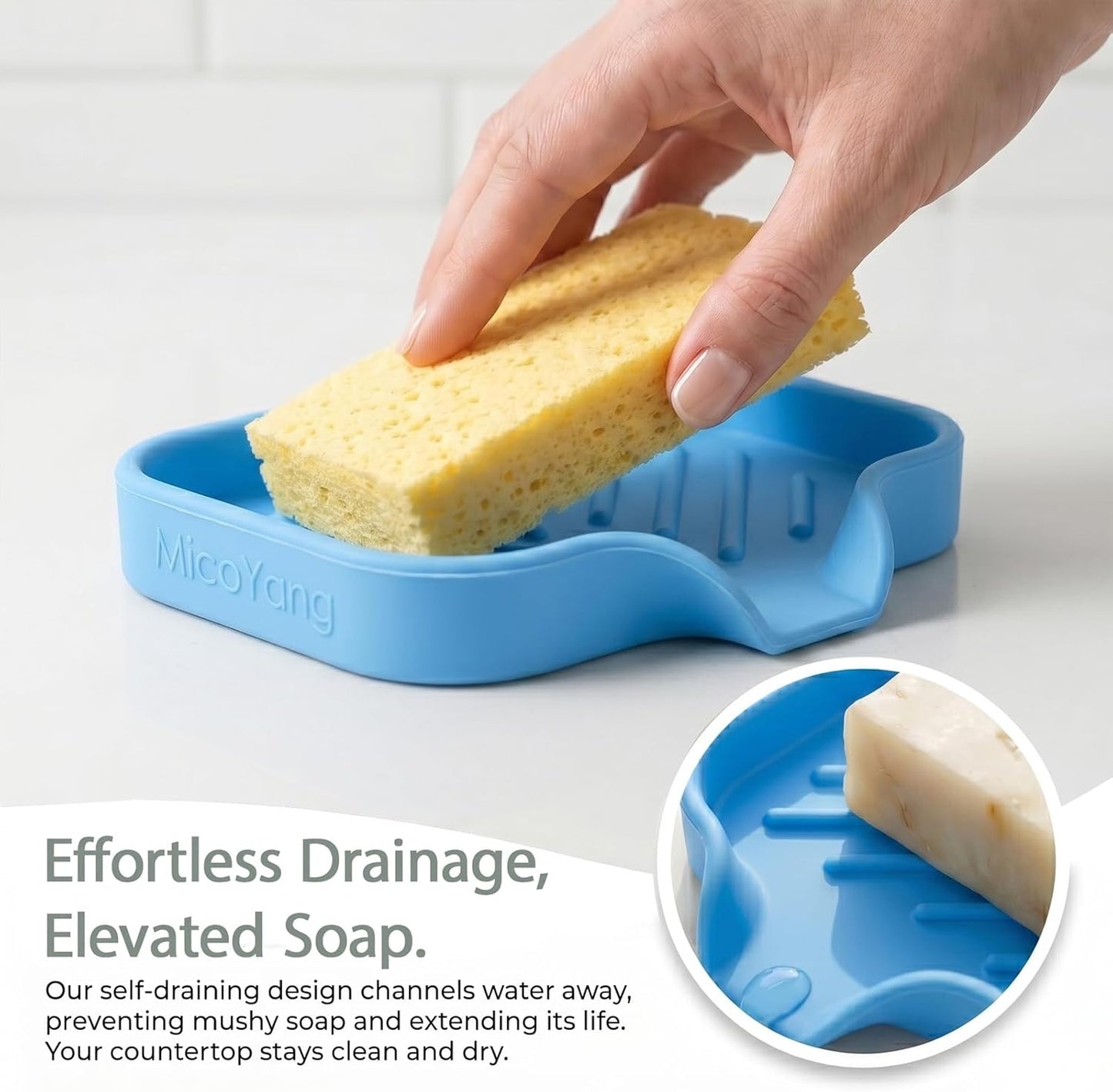 MicoYang Silicone Soap Dish with Drain Spout, Self-Draining Sink Organizer Tray for Bathroom and Kitchen, Sponges, Dispensers and Soap Holder, Non-Slip and Dishwasher Safe, Black (Compact, 4.9"×3.2")