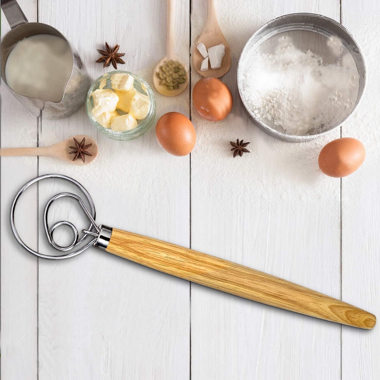 Danish Dough Whisk, Sourdough Tools For Bread Mixer, Dutch Style Bread Whisk For Sourdough Cooking Kitchen with Stainless Steel Danish Sourdough Whisks Bread Mixer 13" and Dough Scraper