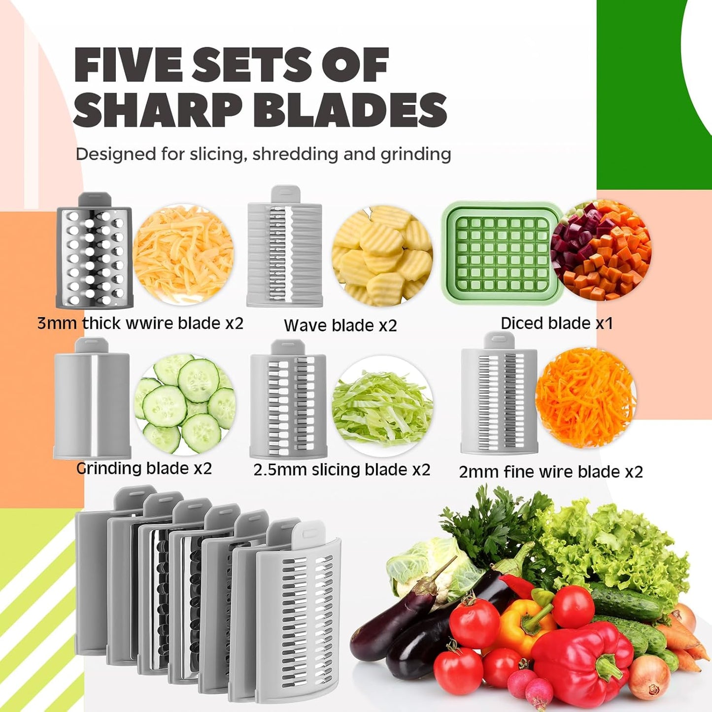6-in-1 Multifunctional Rotary Cheese Grater with 11 Blades Dice Shred Slice Vegetable Chopper with Suction Base 360° Rotating Handle Safety Push Cup Multi Food Slicer Dicer for Kitchen(Green)