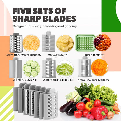 6-in-1 Multifunctional Rotary Cheese Grater with 11 Blades Dice Shred Slice Vegetable Chopper with Suction Base 360° Rotating Handle Safety Push Cup Multi Food Slicer Dicer for Kitchen(Green)