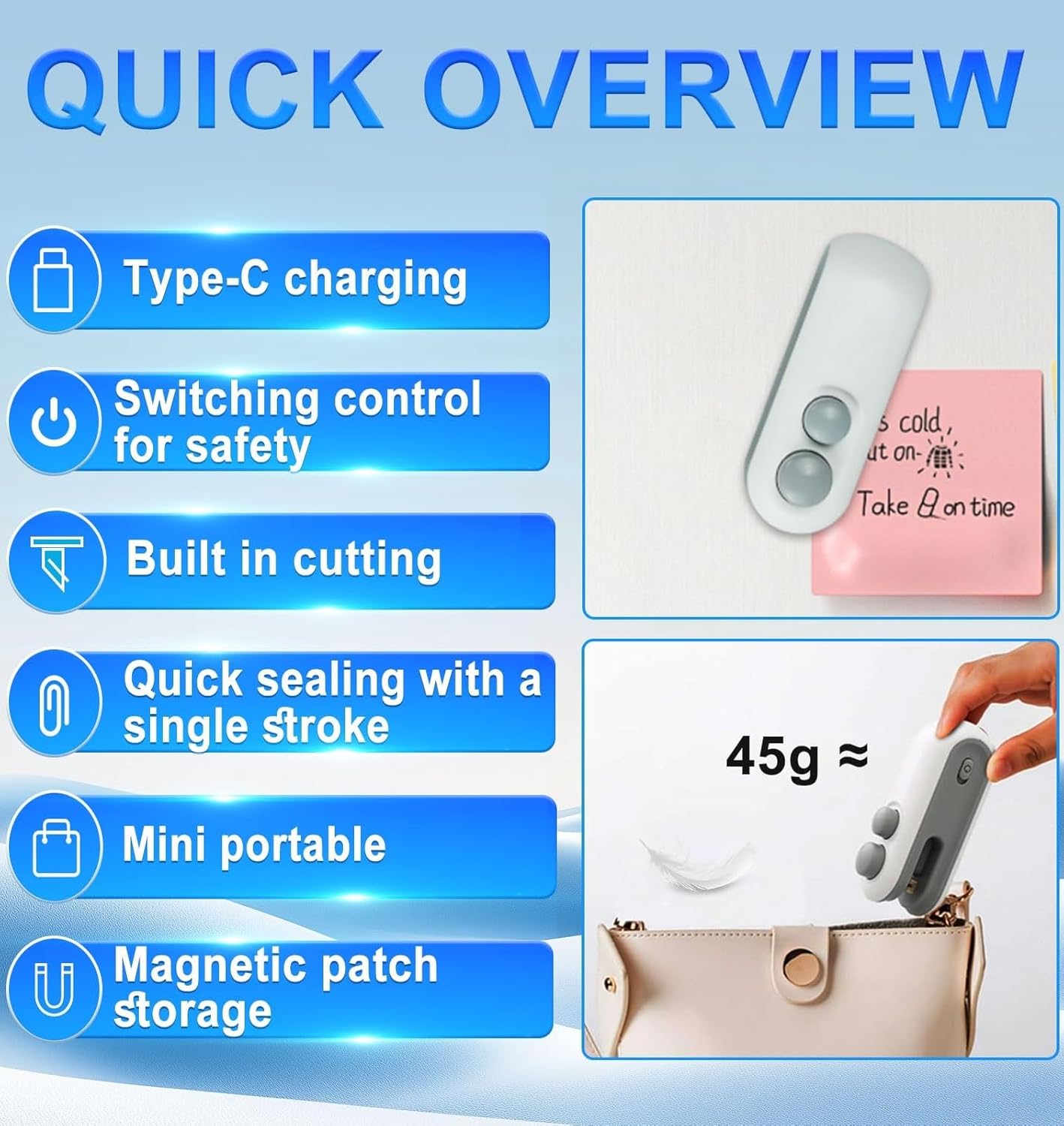 2in1 Rechargeable Chip Bag Sealer with Cutter, Portable USB C Heat Sealer Resealer Machine for Chip, Plastic Bags Heat Seal Tool for Snacks (White)