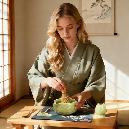 Matcha Whisk Set, Ceramic Matcha Set with Bowl, Chasen Holder, Scoop Rest, Sifter, 8-Pcs Japanese Ceremony Matcha Kit–Matcha Lovers Gift for Women Mom Girl Friend-Matcha Green
