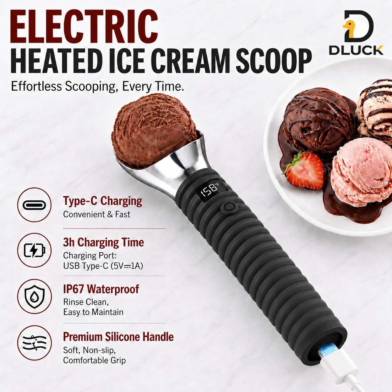 DLUCK Heated Ice Cream Scoop for Hard Ice Cream, Gelato & Frozen Desserts, Electric Ice Cream Scooper with Smart Temperature & Battery Display, USB-C Rechargeable, Durable One-Piece Design (White)