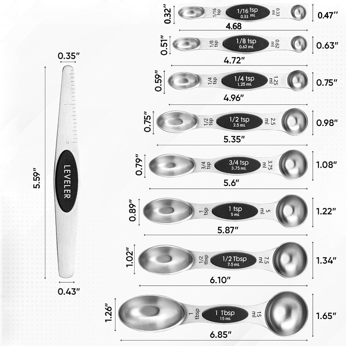 Magnetic Measuring Spoons Set,Heavy Duty Stainless Steel,Dual Sided Stackable Measuring Spoons Nesting Teaspoons Tablespoons for Measuring Dry and Liquid Ingredients,Set of 9 (Black)