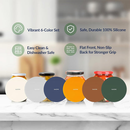 NIHOME Silicone Jar Opener – 6 Inch Large Anti-Slip Grip Pads, Premium 100% Food-Grade Silicone, Stylish Designer Colors, Multi-Purpose Heat-Resistant Mat & Coaster, Set of 4