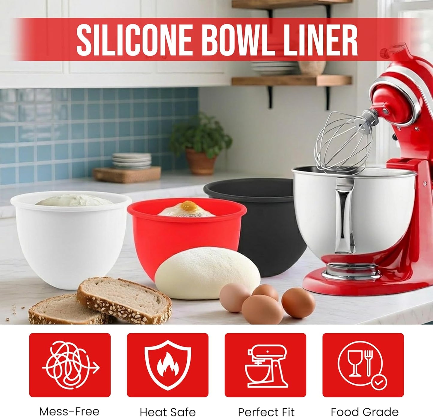 Silicone Bowl Liners for KitchenAid 5 Qt Stand Mixer – 3-Pack Mixing Bowl Accessories with Lids – Mess-Free Pour, Non-Stick, BPA-Free Food-Grade Silicone