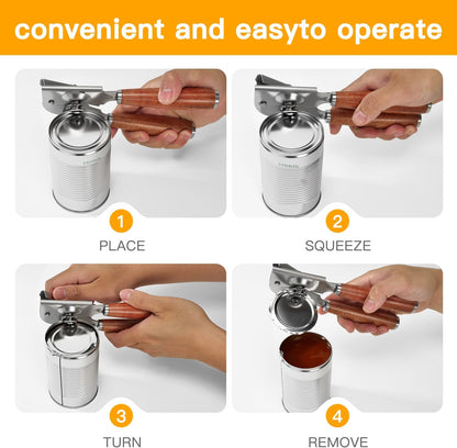 Upgraded Efficient Manual Can Opener - Selected Solid Wood Handle, Sharp and Smooth Blade Edge, Portable Design, Easy-Open Large Knob, Versatile for Various Bottle Caps（Rosewood）