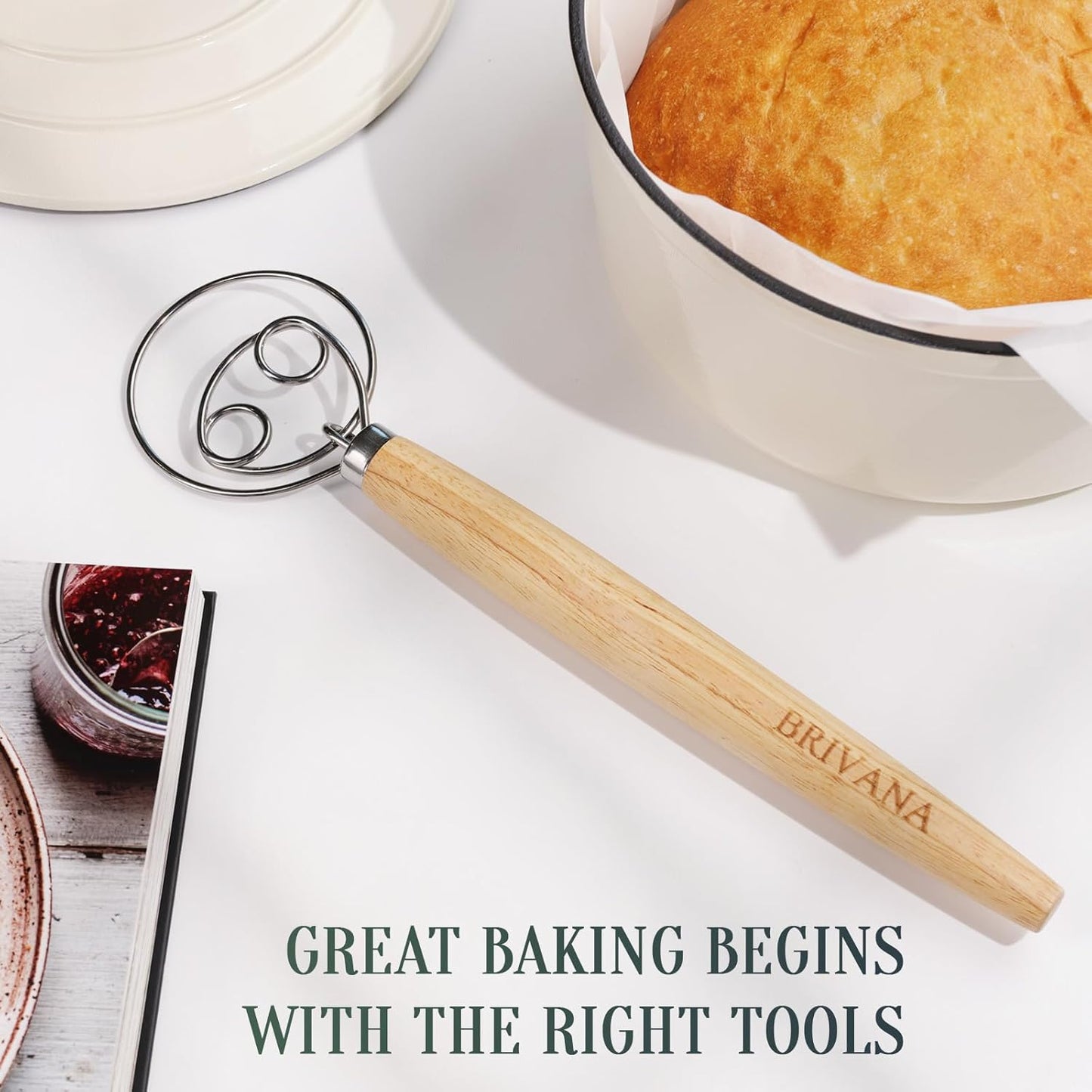Danish Dough Whisk, Sourdough Bread Whisk with Wooden Handle, 13-Inch Stainless Steel Single Loop Dough Mixer for Bread Making, Pizza Dough, Batter and Pastry