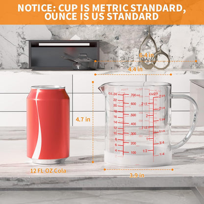 4 Cup Glass Measuring Cup with Handle, 77L High Borosilicate Glass Measuring Cup with V-Shaped and Three Scales (Cup, OZ, ML), Glass Liquid Beaker with Silicone Base, Double-Sided Measure Scales