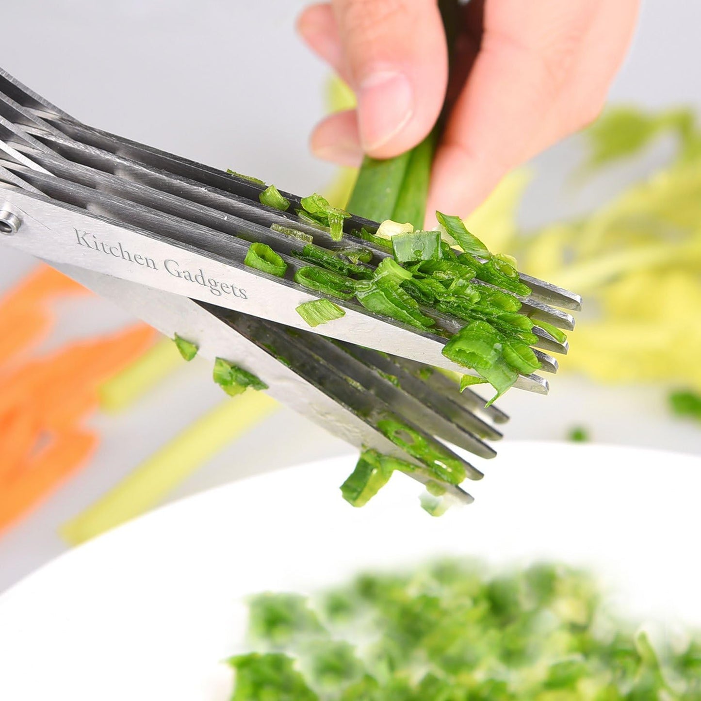 Herb Scissors - with Kitchen Gadgets Retail Package - Multipurpose Kitchen Shears - 5 Extremely Sharp Stainless Steel Blades - Handy Cleaning Comb - Multi Blade - Time-Saving - Chop Herbs
