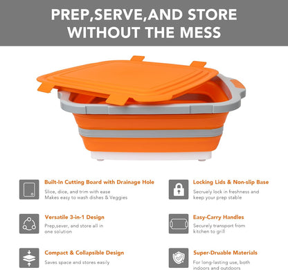 Collapsible Cutting Board(2.11 Gal/8L), BBQ Prep Tub with Locking Lid, Foldable Camping Sink with Colander, Multifunction Dish Basin for Kitchen, Bowl, Vegetable and Fruit, Storage Basket for Picnic
